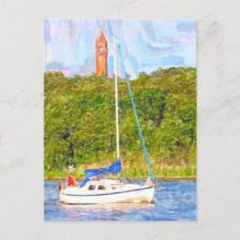 Wasserfarbe Berlin. Grunewaldturm und Schiff Havel Postkarte
