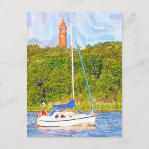 Wasserfarbe Berlin. Grunewaldturm und Schiff Havel Postkarte