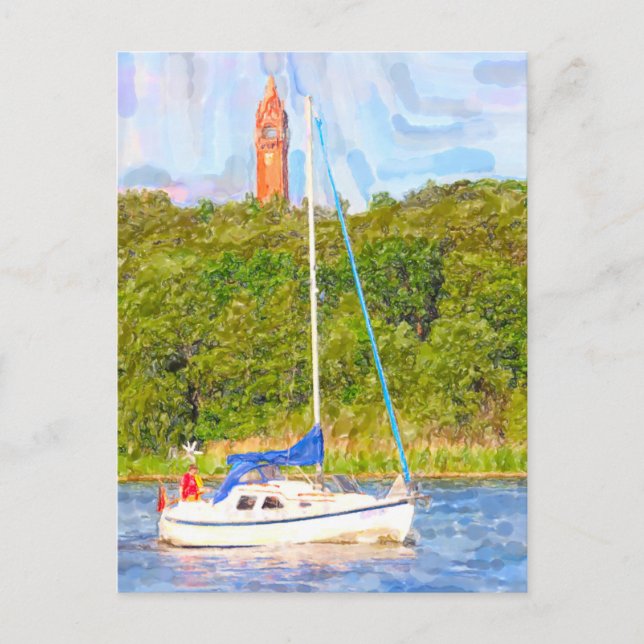 Wasserfarbe Berlin. Grunewaldturm und Schiff Havel Postkarte (Vorderseite)
