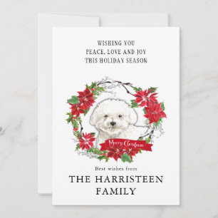 Wasserfarbe Bichon Frise Poinsettia Wreath Feiertagskarte