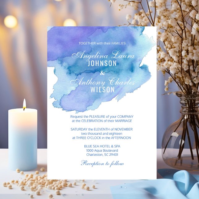 Wasserfarbe Blau Aquamarine Lila Hochzeitseinladun Einladung (Watercolor Blue Teal Purple Wedding Invitations)