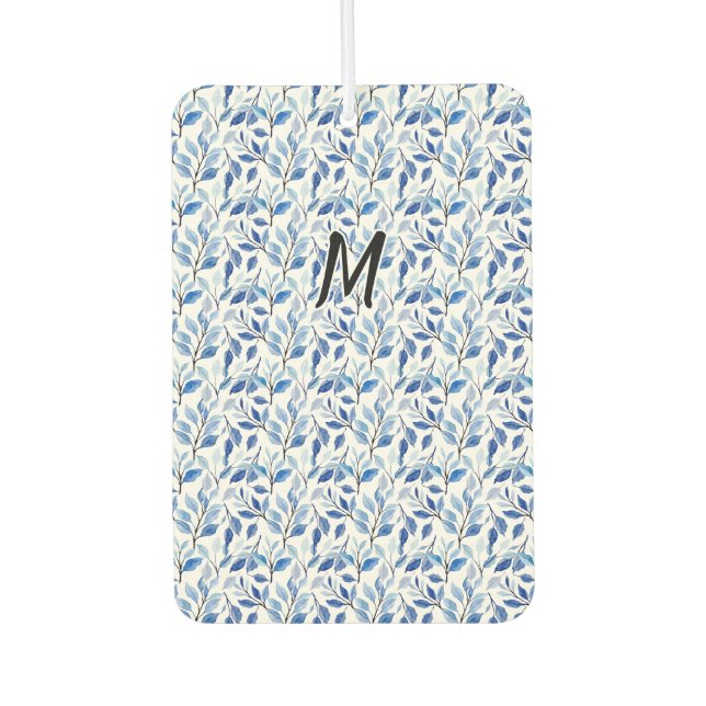Wasserfarbe Blau Blatt Mosaik Feine Kunst Monogram Autolufterfrischer (Vorderseite)