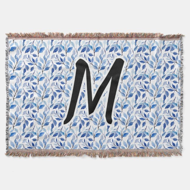 Wasserfarbe Blau Blatt Mosaik Feine Kunst Monogram Decke (Vorderseite)