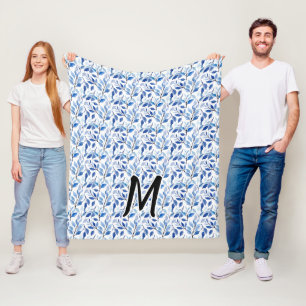 Wasserfarbe Blau Blatt Mosaik Feine Kunst Monogram Fleecedecke