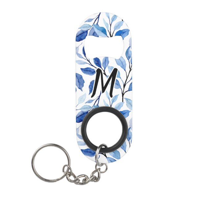 Wasserfarbe Blau Blatt Mosaik Feine Kunst Monogram Mini Flaschenöffner (Vorderseite)