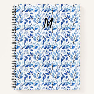 Wasserfarbe Blau Blatt Mosaik Feine Kunst Monogram Notizbuch