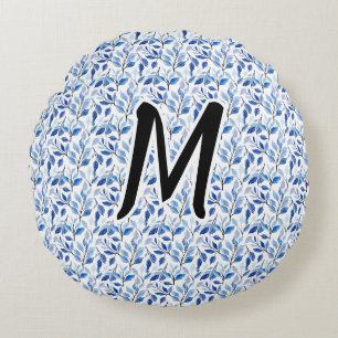 Wasserfarbe Blau Blatt Mosaik Feine Kunst Monogram Rundes Kissen