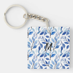 Wasserfarbe Blau Blatt Mosaik Feine Kunst Monogram Schlüsselanhänger