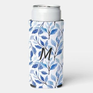 Wasserfarbe Blau Blatt Mosaik Feine Kunst Monogram Selters Dosenkühler