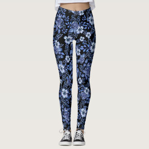 Wasserfarbe Blau Blumenmuster Schwarzer Hintergrun Leggings