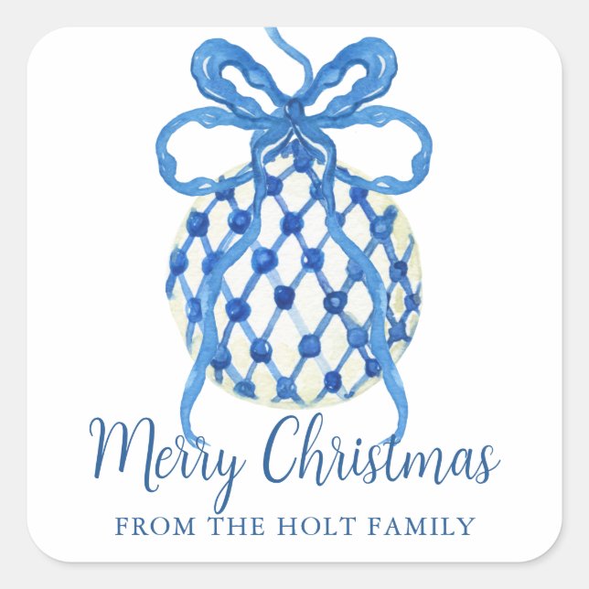 Wasserfarbe Blau Chinoiserie Ornament Obelisk Quadratischer Aufkleber (Vorderseite)