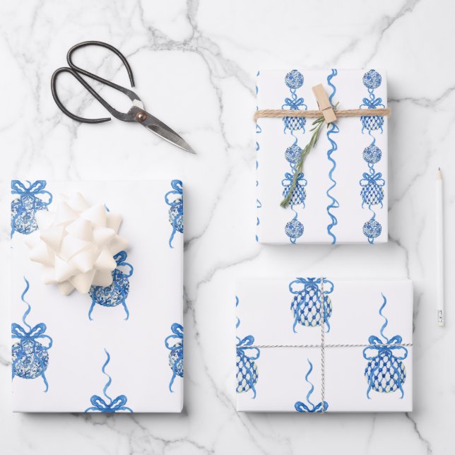 Wasserfarbe Blau Chinoiserie Ornamente Geschenkpapier Set (Vorderseite)