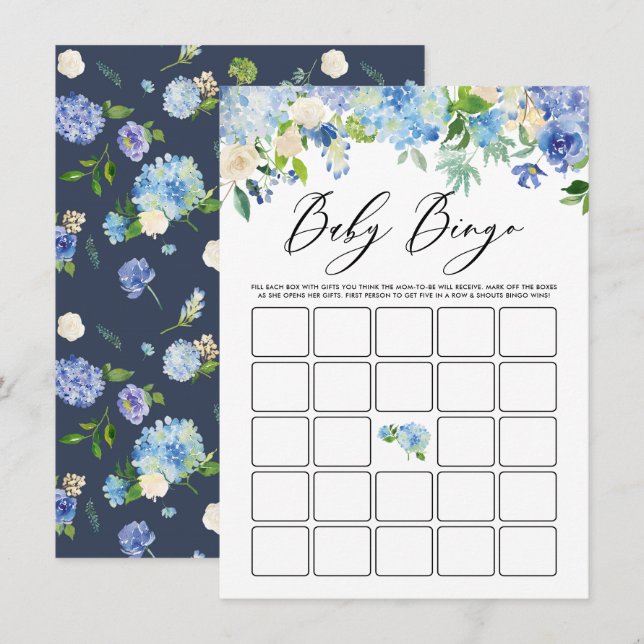Wasserfarbe Blau Hydrangea Baby Dusche Bingo Spiel Begleitkarte (Vorne/Hinten)