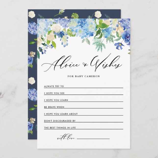Wasserfarbe Blau Hydrangea Gut Wünsche für das Bab Hinweiskarte (Vorne/Hinten)
