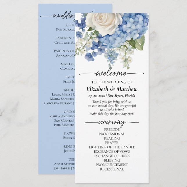 Wasserfarbe Blau Hydrangea Weißrosen Hochzeit Programm (Vorne/Hinten)