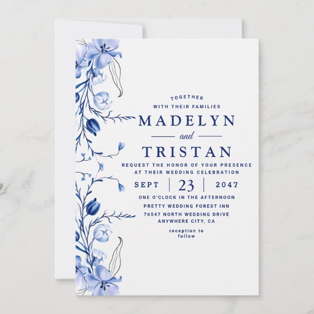 Wasserfarbe Blau Minimalistische rustikale Blumenh Einladung (Vorderseite)