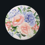 Wasserfarbe Blau Pink Hydrangea Peony Spring Flora Button<br><div class="desc">Füllen Sie die Blütenpracht mit unserem Aquarellknopf aus. Mit blauen Hydrangea,  rosa Pinien und Rose verleiht es Ihrem Stil eine Touch von Frühling und botanischem Charme.</div>