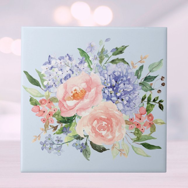 Wasserfarbe Blau Pink Hydrangea Peony Spring Flora Fliese (Close up)