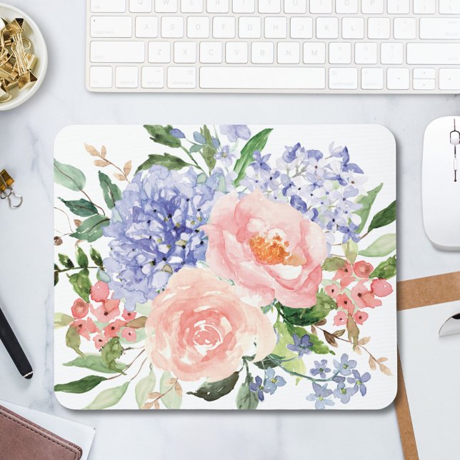 Wasserfarbe Blau Pink Hydrangea Peony Spring Flora Mousepad (In situ)