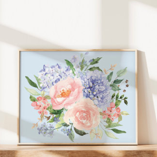 Wasserfarbe Blau Pink Hydrangea Peony Spring Flora Poster