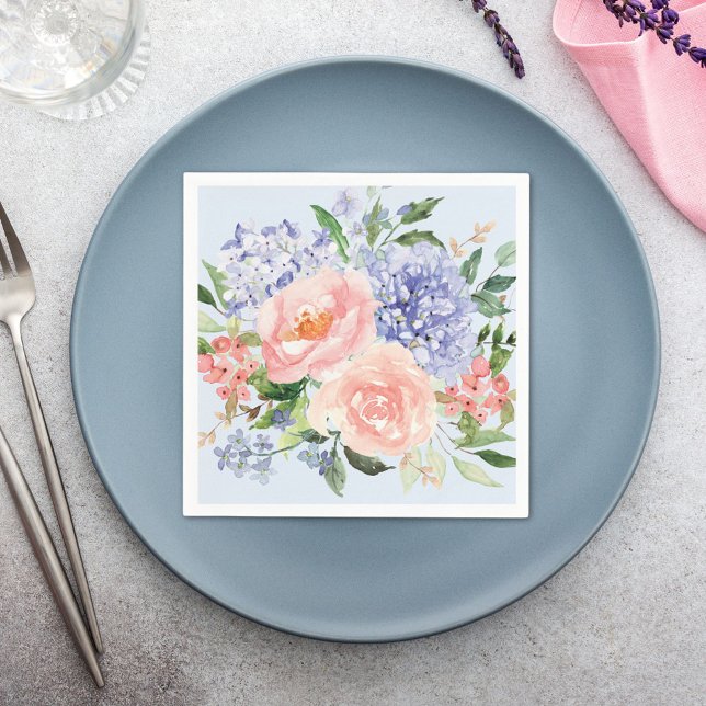 Wasserfarbe Blau Pink Hydrangea Peony Spring Flora Serviette (In situ Wedding reception)