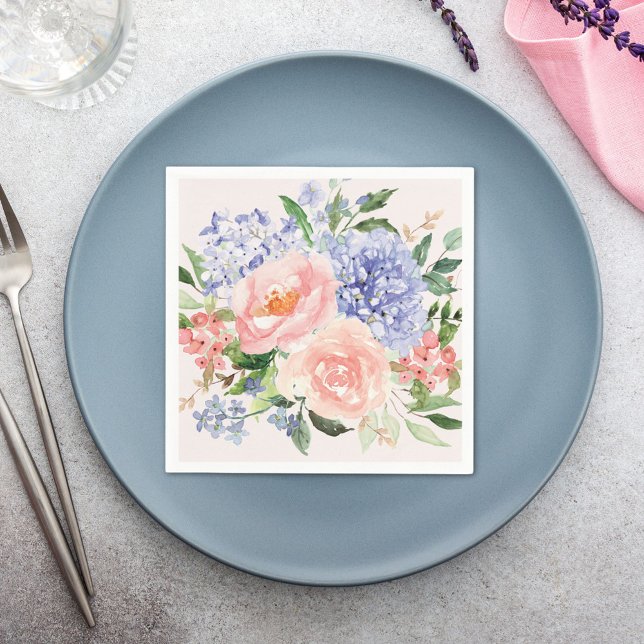 Wasserfarbe Blau Pink Hydrangea Peony Spring Flora Serviette (In situ Wedding reception)