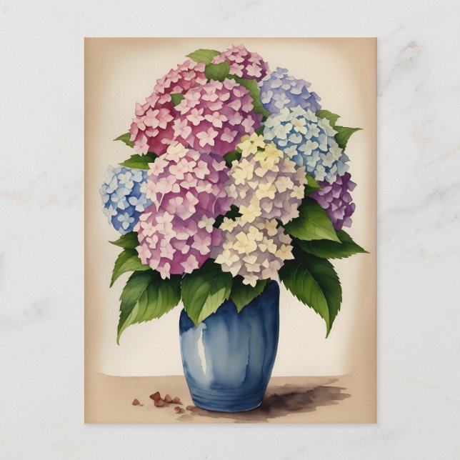Wasserfarbe Blau Pink Lila Hydrangea Blume Postkarte (Vorderseite)