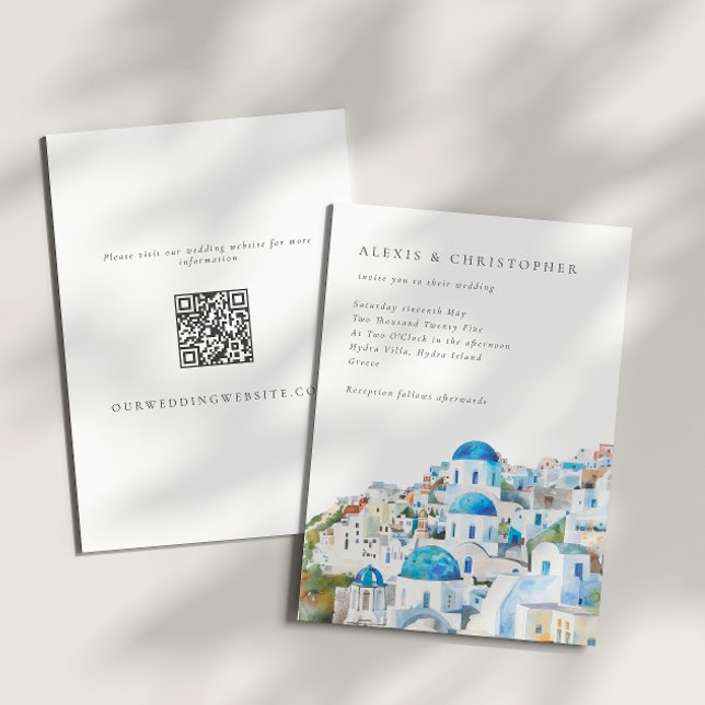 Wasserfarbe Blau Santorini QR Hochzeit Einladung (Von Creator hochgeladen)