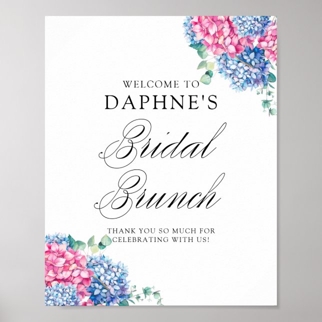 Wasserfarbe Blau und Rosa Hydrangeas Bridal Brunch Poster (Vorne)