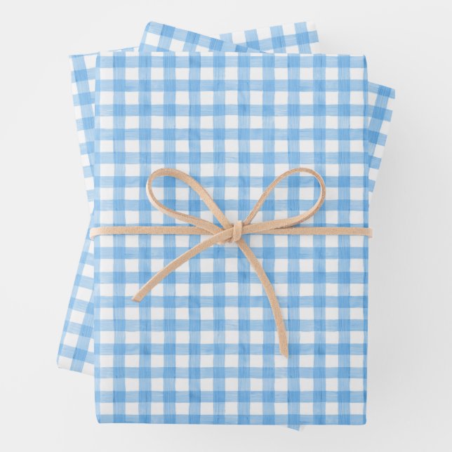 Wasserfarbe Blau und Weiß Gingham Geschenkpapier Set (Beispiel)