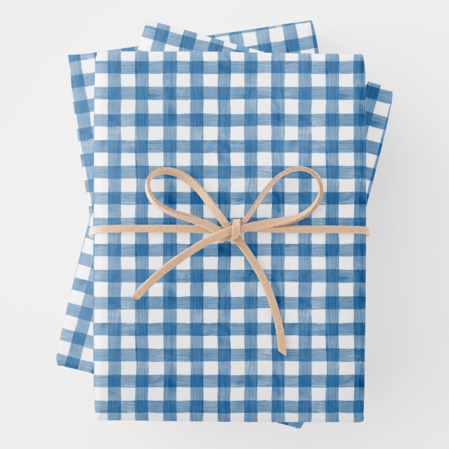 Wasserfarbe Blau und Weiß Gingham Geschenkpapier Set (Beispiel)