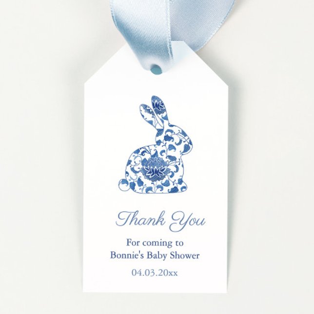 Wasserfarbe Blau und Weiß Sonnendusche Gefallen Geschenkanhänger (Watercolor blue and white chinoiserie print little boy baby shower favor tags with bunny icon)