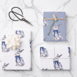 Wasserfarbe Blau & Weiß Chinoiserie Bunny Rabbi Geschenkpapier Set