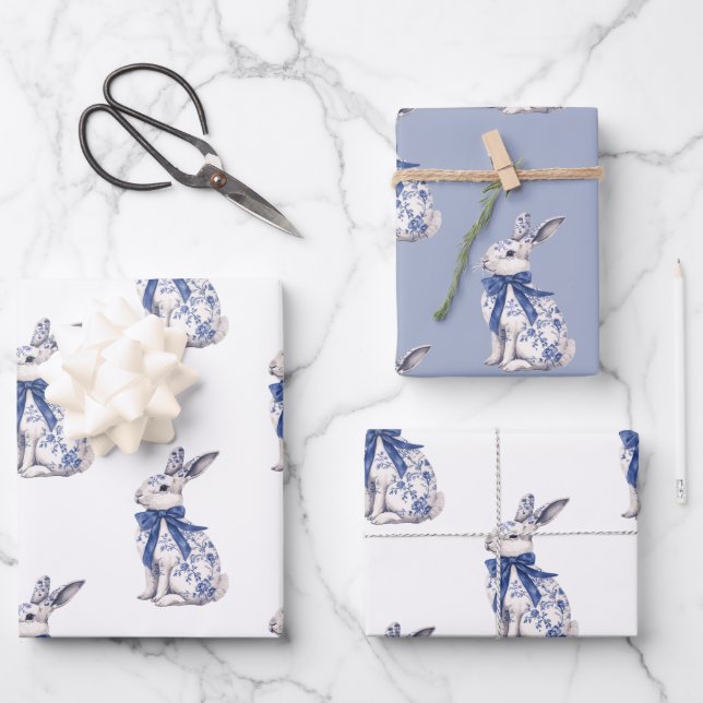 Wasserfarbe Blau & Weiß Chinoiserie Bunny Rabbi Geschenkpapier Set (Vorderseite)