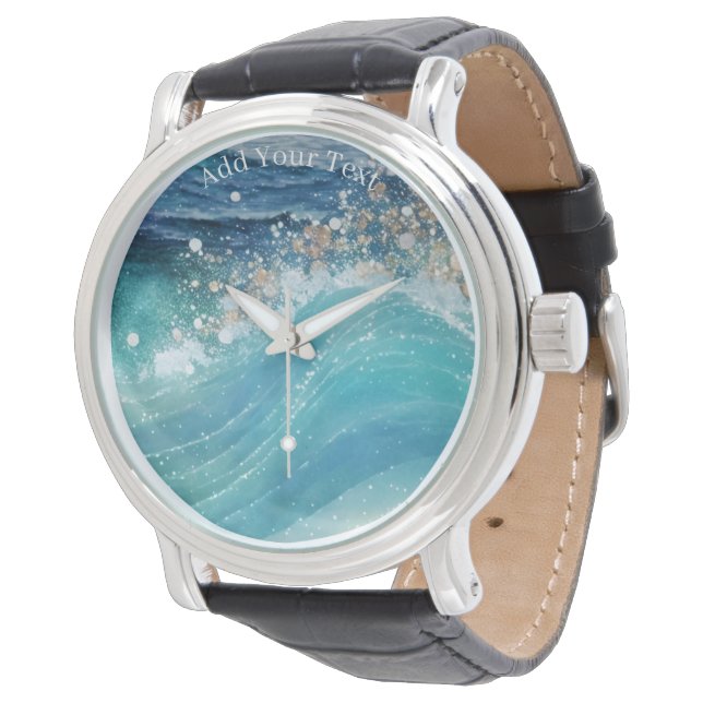 Wasserfarbe Blau Weißer Ozean Wave Benutzerdefinie Armbanduhr (Schrägansicht)