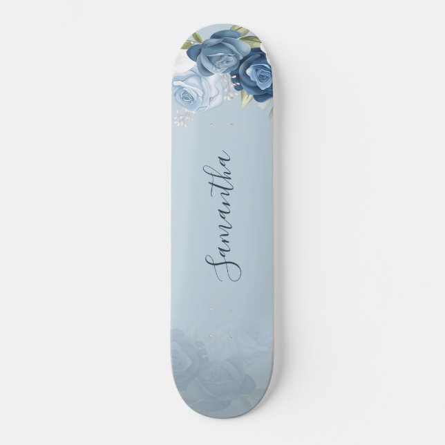 Wasserfarbe blaue Blumenschrift Custom Skateboard (Vorderseite)