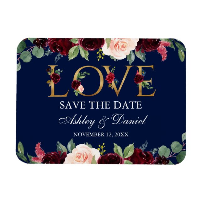 Wasserfarbe Blaue Burgund-Blüte-Liebe Save the Dat Magnet (Horizontal)