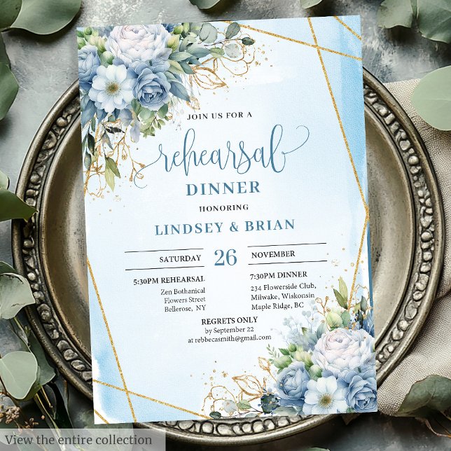 Wasserfarbe Blaue Probe Einladung (Watercolor Dusty Blue Peony Rehearsal Invitation)