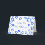Wasserfarbe Blaue Stars MAZEL TOV Bat Mitzvah Karte<br><div class="desc">Perfekt Spaß MAZEL TOV Karte für eine Fledermaus Mitzvah, Bar mitzvah oder andere jüdische Feier senden! Handgefertigte Aquarellkunst für Sie vorne und innen leer! Vollständig anpassbar! Klicken Sie auf "Personalisieren" oben, um den Text zu bearbeiten. Klicken Sie auf "Bearbeiten mit dem Designwerkzeug", um die Schriftart, Farben und Einstellungen anzupassen. Design...</div>