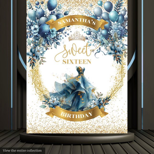 Wasserfarbe blaues Kleid Sweet 16 Gold Glitzer Ban Wandteppich (Watercolor Blue Dress Sweet 16 Gold Glitter Banner)