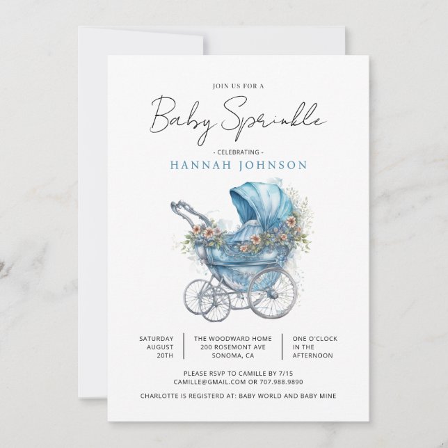 Wasserfarbe Blue Baby Carriage Es ist ein Boy Spri Einladung (Vorderseite)