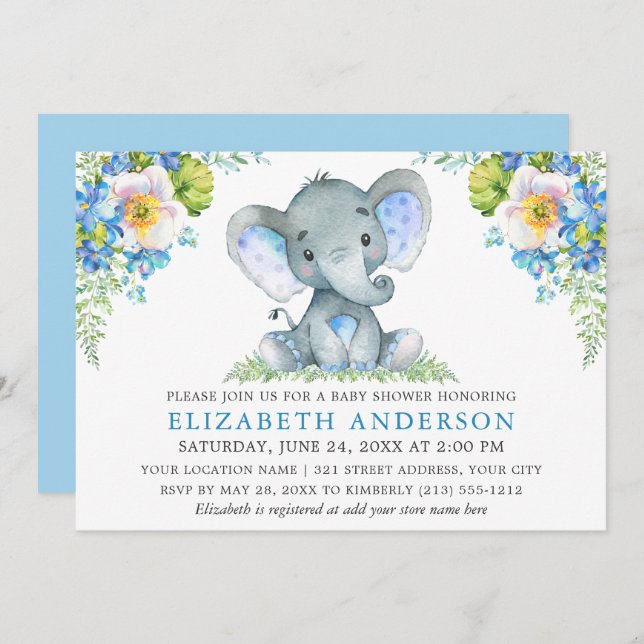 Wasserfarbe Blue Floral Baby Dusche Elephant Einladung (Vorne/Hinten)