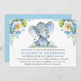 Wasserfarbe Blue Floral Baby Dusche Elephant Einladung