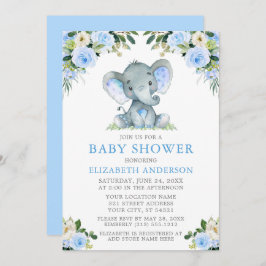 Wasserfarbe Blue Floral Baby Dusche Elephant Einladung