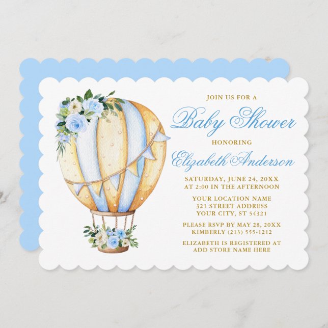 Wasserfarbe Blue Floral Baby Dusche Luftballon Einladung (Vorne/Hinten)
