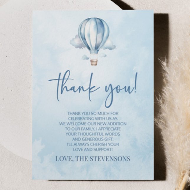 Wasserfarbe Blue Heißluftballon Babydusche Dankeskarte (Von Creator hochgeladen)