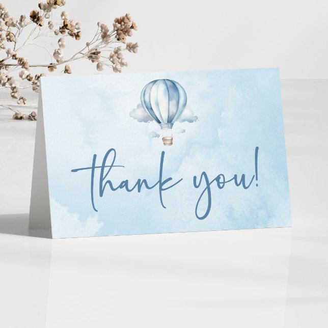 Wasserfarbe Blue Heißluftballon Babydusche Dankeskarte (Von Creator hochgeladen)
