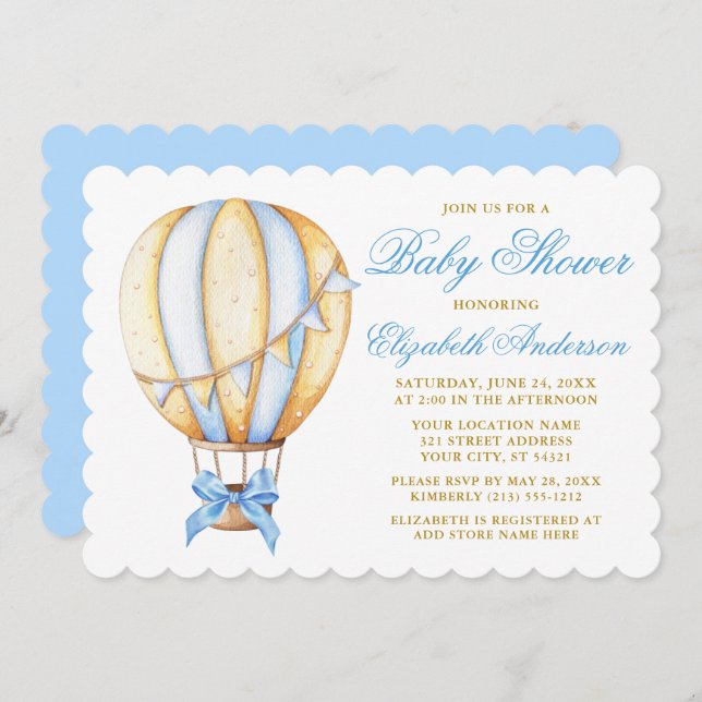 Wasserfarbe Blue Heißluftballon Bow Baby Dusche Einladung (Vorne/Hinten)
