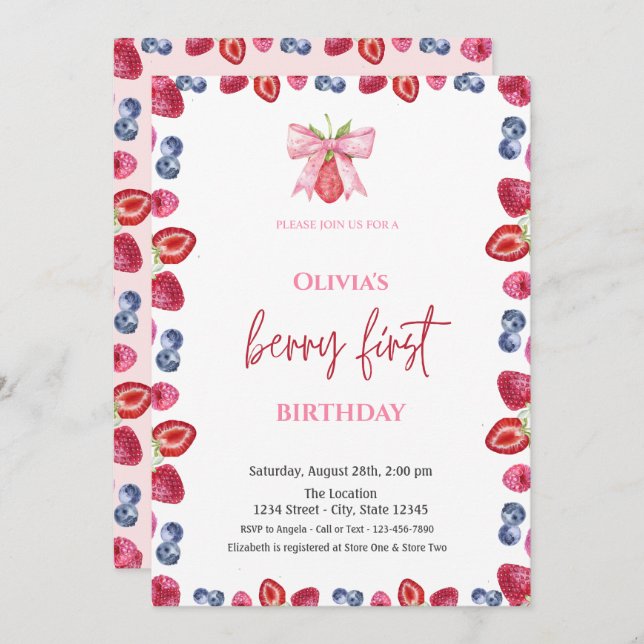 Wasserfarbe Blueberry Strawberry 1. Geburtstag Einladung (Vorne/Hinten)