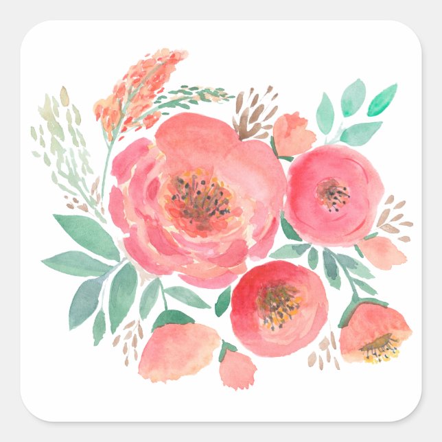 Wasserfarbe, Blume. Quadratischer Aufkleber (Vorderseite)